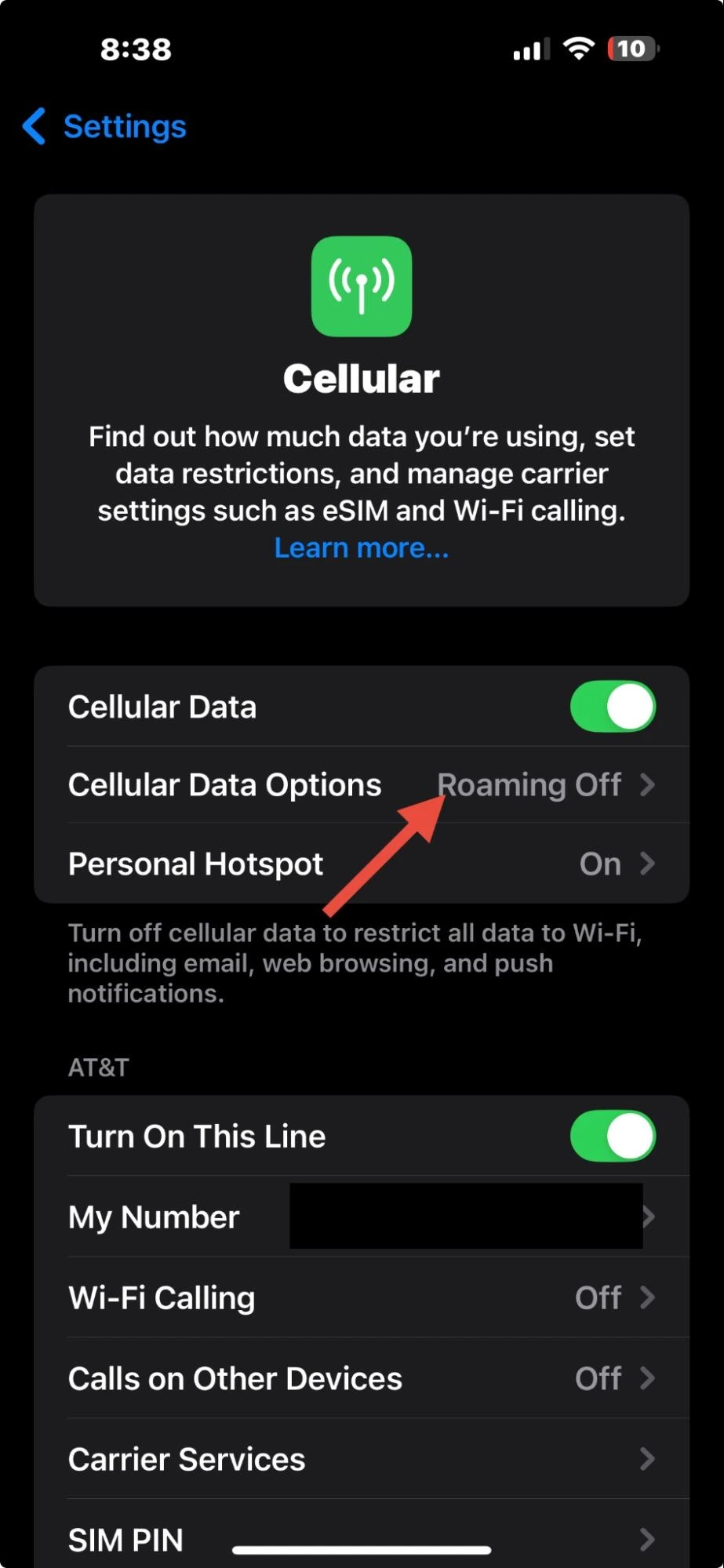 screenshot of iPhone settings menu