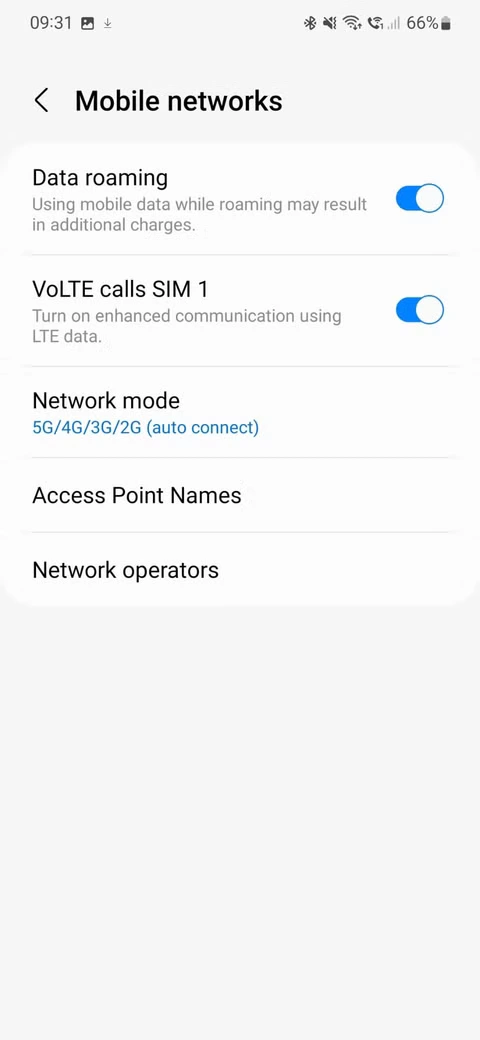 screenshot of Android phone mobile networks menu