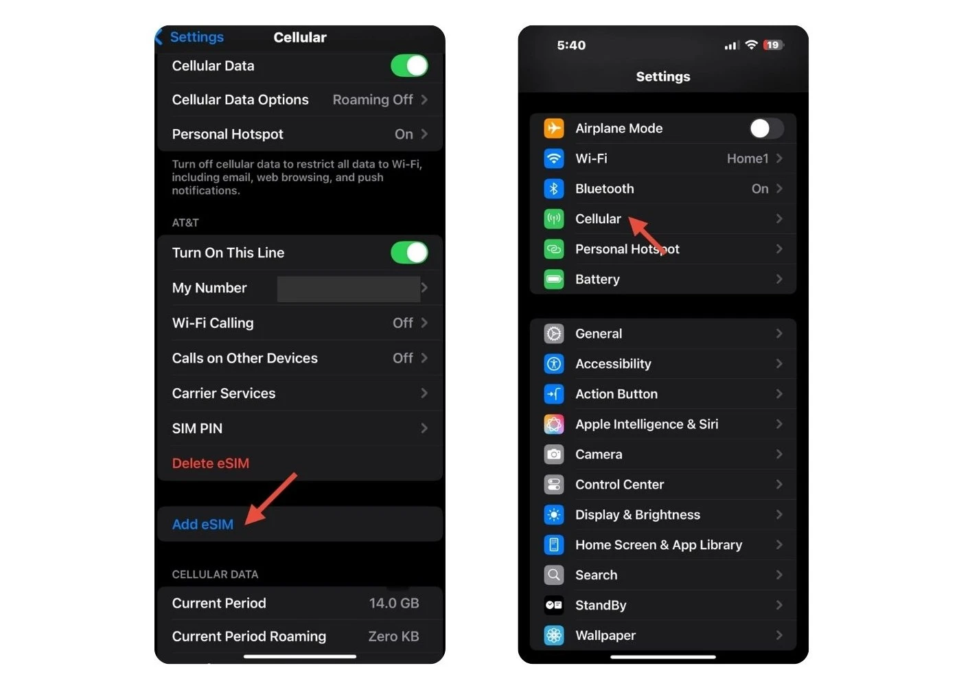 iPhone screenshot of cellular settings