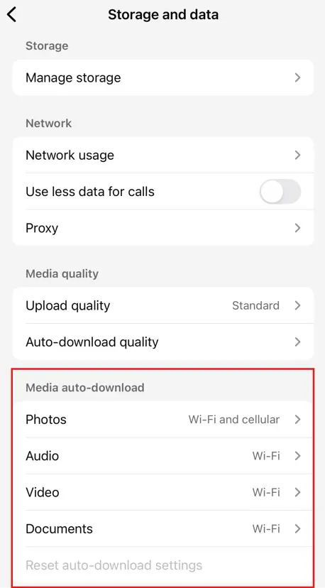 Screenshot of Whatsapp menu showing media auto-download option