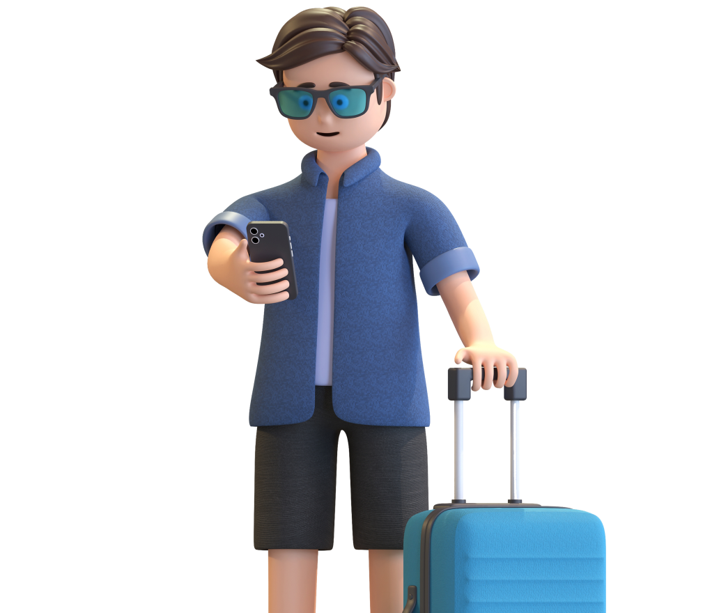 Traveller holding a phone with suitcase